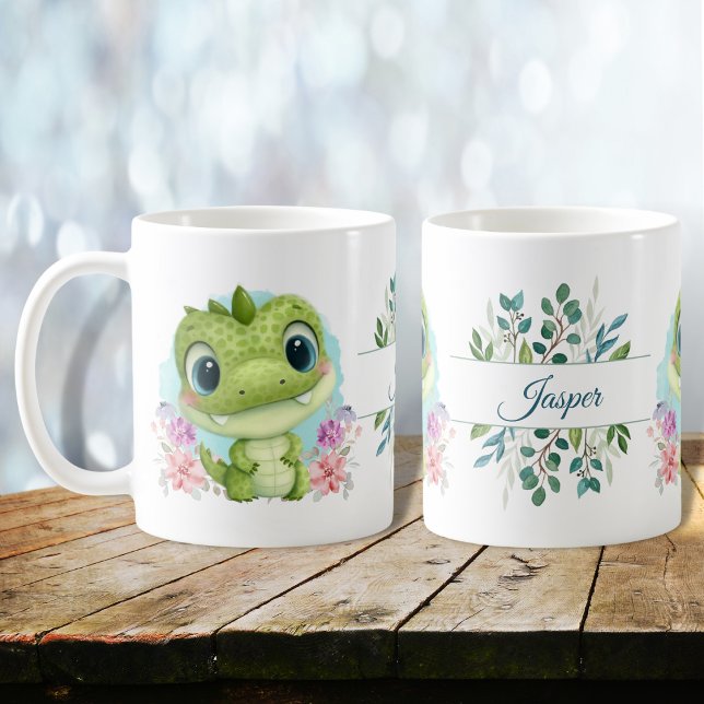 Green Niedlich Dinosaurier Floral Themed Personali Kaffeetasse (Von Creator hochgeladen)