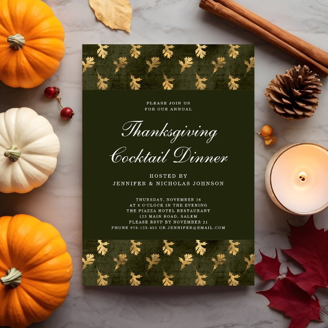 Green Oak Gold Leaf Erntedank Cocktail Party Einladung (Green Oak Gold Leaf Thanksgiving Cocktail Party Invitation)