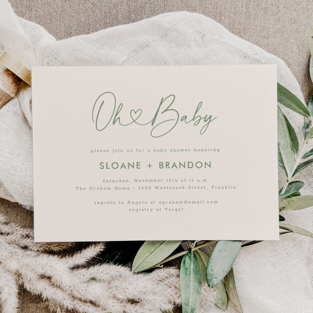 Green Oh Baby Heart Calligraphy Simple Baby Show Einladung (Von Creator hochgeladen)