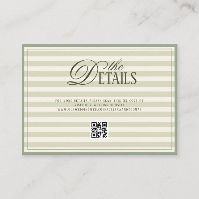 Green Old Money Wedding QR code Details Begleitkarte (Vorderseite)