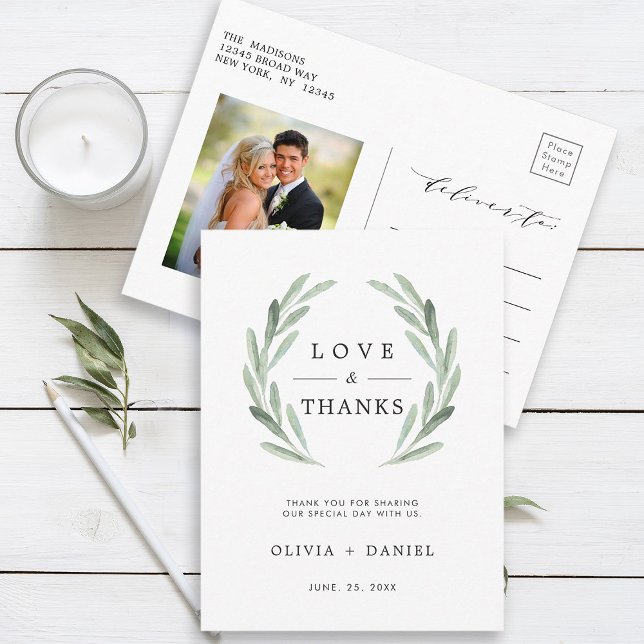 Green Olive Branch Wreath Wedding Danke Foto Postkarte (Front & Back)