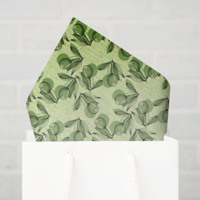 Green Olive & Leaf Pattern On Light Green Seidenpapier (Geschenktüte)