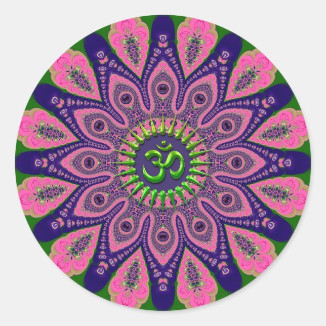 Green Om Funky Pink und Indigo Mandala Runder Aufkleber (Vorderseite)