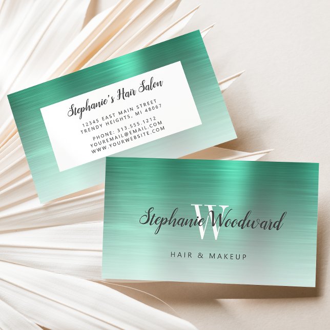 Green Ombre Brushed Metal Monogram Hair Salon Visitenkarte (Von Creator hochgeladen)