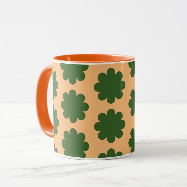 Green on Peach Retro Flower Art Mug Cup (Devant gauche)