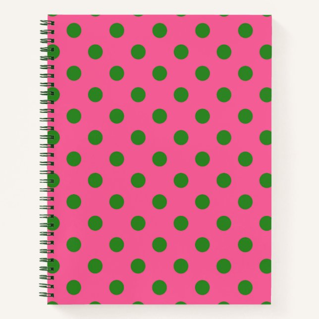 Green on Pink Polka Dots Design Notizbuch (Vorderseite)