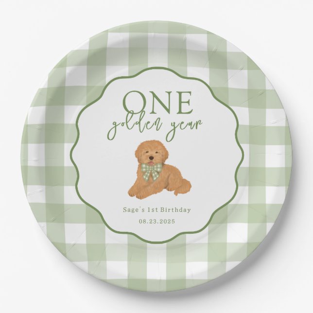 Green One Golden Year Goldendoodle 1st Birthday Pappteller (Vorderseite)