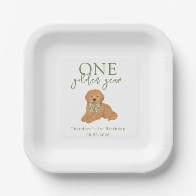 Green One Golden Year Goldendoodle Birthday Pappteller (Vorderseite)