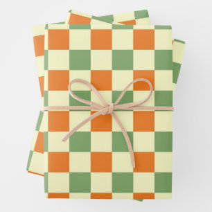 Green Orange Brown Checkered Gingham Pattern Geschenkpapier Set