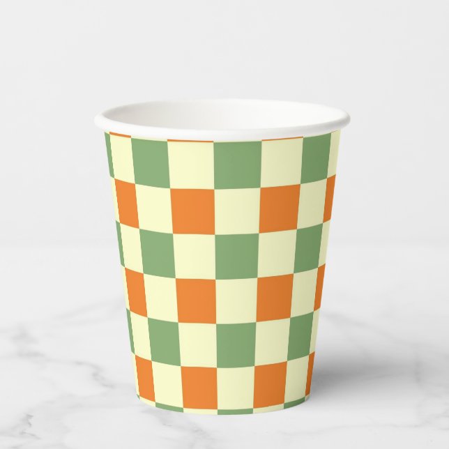 Green Orange Brown Checkered Gingham Pattern Pappbecher (Vorderseite)