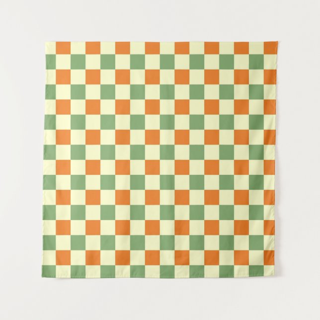 Green Orange Brown Checkered Gingham Pattern Wandteppich (Vorderseite)