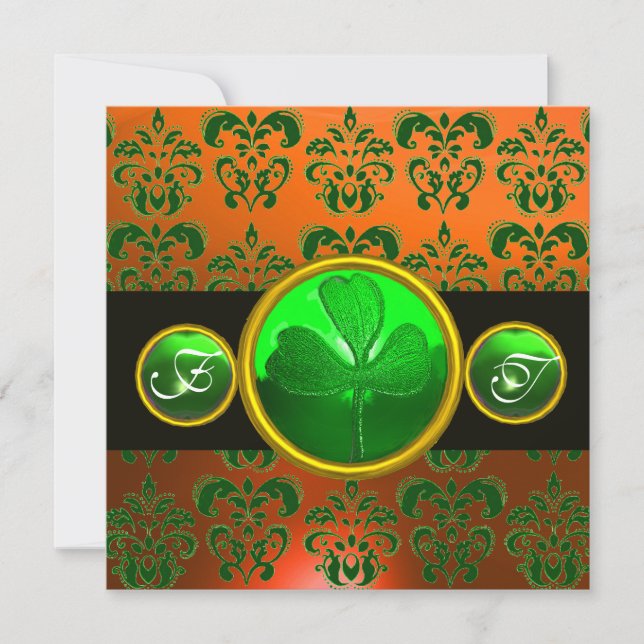 GREEN ORANGE DAMASK, KLEEBLATT MONOGRAMM schwarz Einladung (Vorderseite)