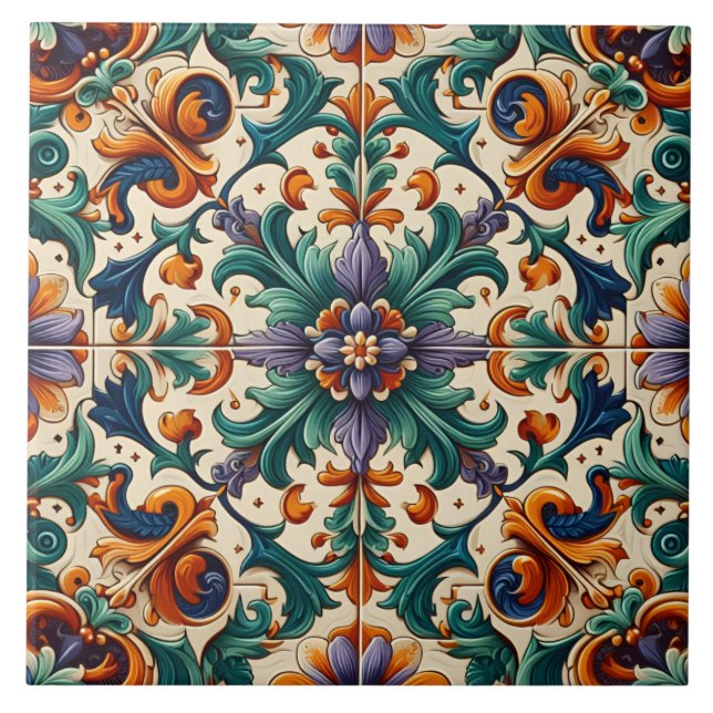 Green Orange Lila portugiesisch Azulejos Tiles Art Fliese (Vorderseite)