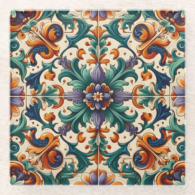 Green Orange Lila portugiesisch Azulejos Tiles Art Glasuntersetzer (Vorderseite)