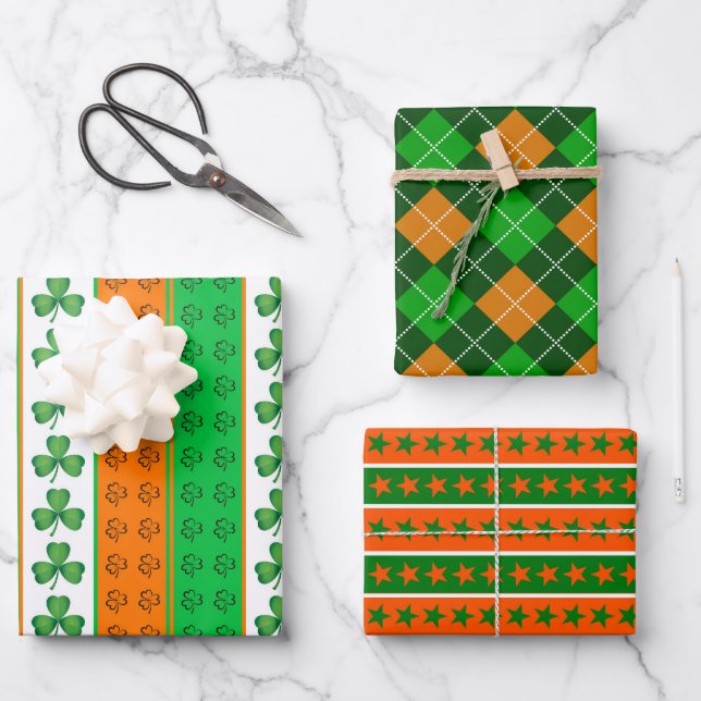 GREEN ORANGE WHITE IRISH KLEEBLATTS STARTEN GESCHENKPAPIER SET (Vorderseite)