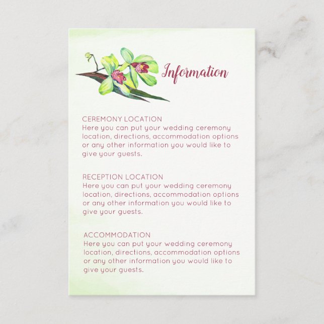 Green Orchid Marsala Wedding Information Cards Begleitkarte (Vorderseite)
