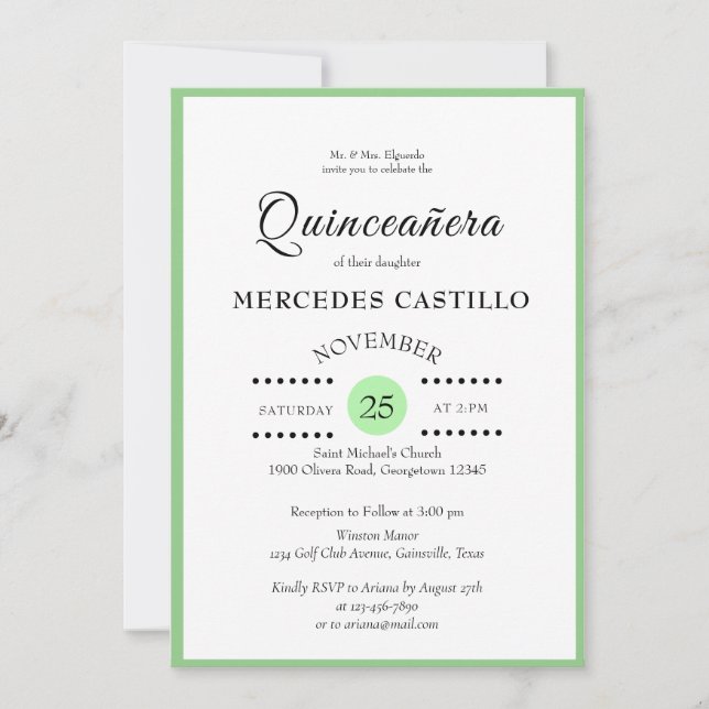 Green Outlined Quinceañera Invitation Einladung (Vorderseite)