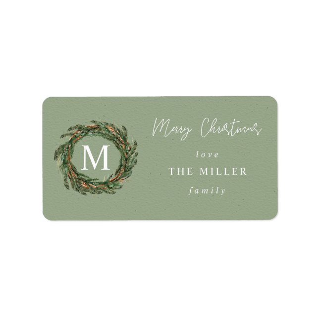 Green PA Wreath Monogram Frohe Weihnachtsmarke V2 Adressaufkleber (Vorne)