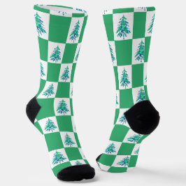 Green Painterly Xmas Tree Checkerboard Socken