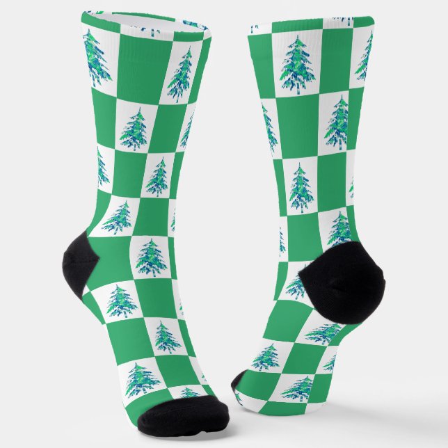 Green Painterly Xmas Tree Checkerboard Socken (Gewinkelt)