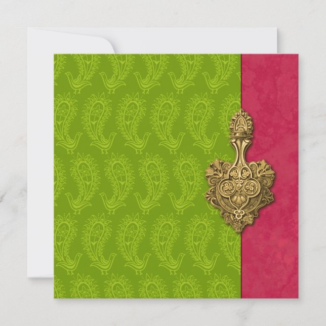 Green Paisley Peacock Faire-part de mariage indien (Devant)