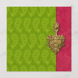 Green Paisley Peacock Faire-part de mariage indien