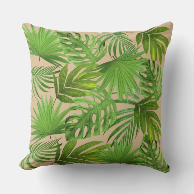 Green Palm Blätter auf Beige Kissen (Vorderseite)