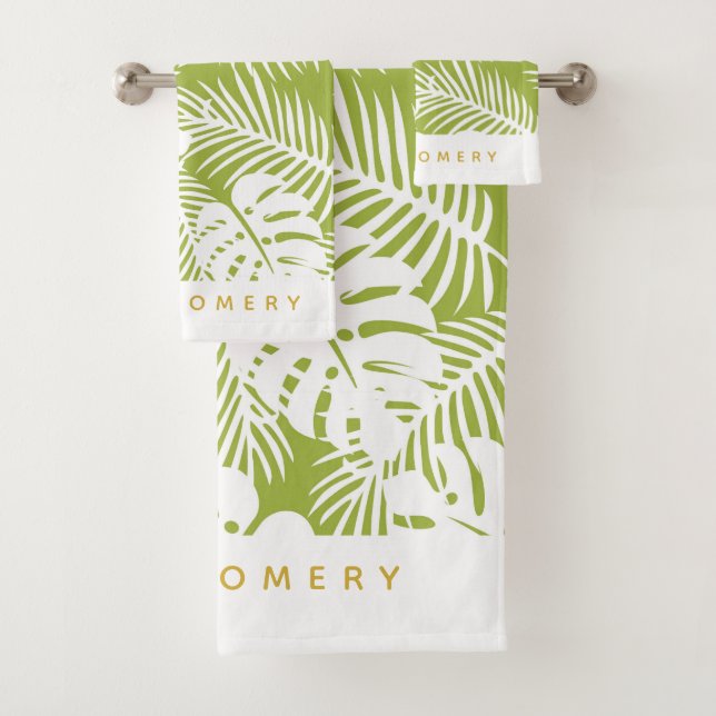 Green Palm Blätter Jungle Muster Personalisiert Badhandtuch Set (Insitu)
