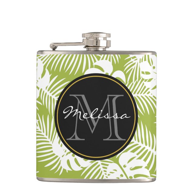 Green Palm Blätter Regenwald Muster Monogram Flachmann (Vorderseite)