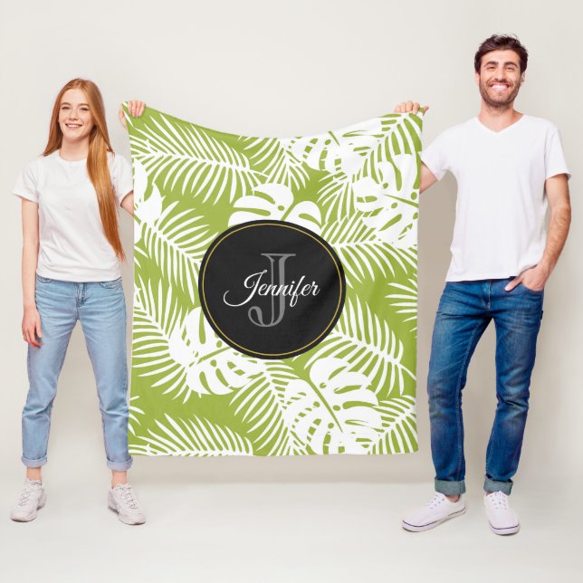 Green Palm Blätter Regenwald Muster Monogram Fleecedecke (Beispiel)