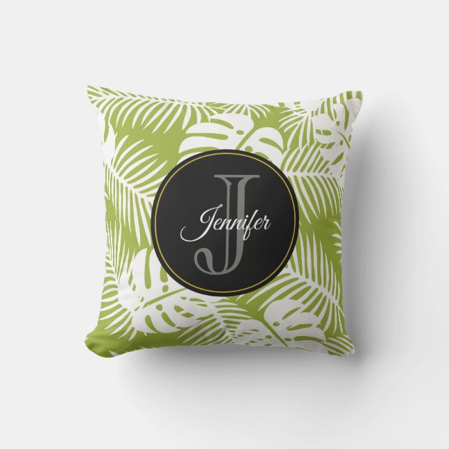 Green Palm Blätter Regenwald Muster Monogram Kissen (Vorderseite)