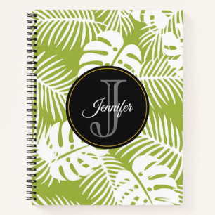 Green Palm Blätter Regenwald Muster Monogram Notizbuch
