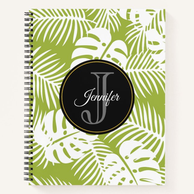 Green Palm Blätter Regenwald Muster Monogram Notizbuch (Vorderseite)