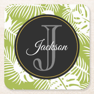 Green Palm Blätter Regenwald Muster Monogram Rechteckiger Pappuntersetzer