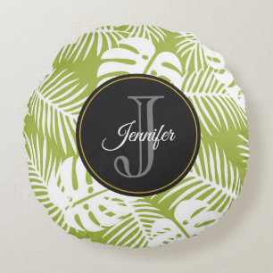 Green Palm Blätter Regenwald Muster Monogram Rundes Kissen