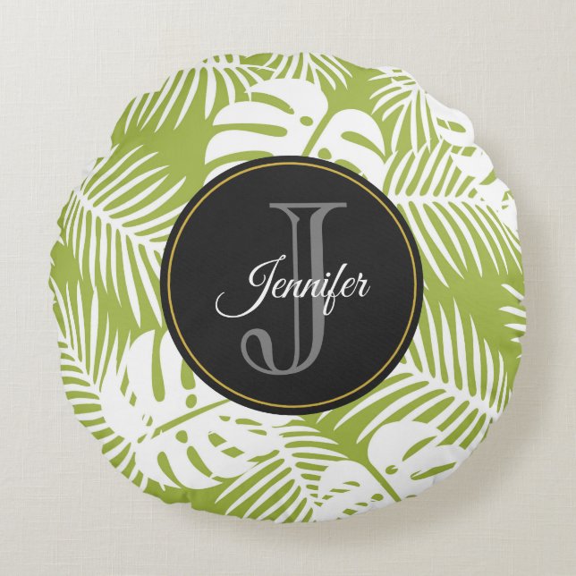 Green Palm Blätter Regenwald Muster Monogram Rundes Kissen (Vorderseite)