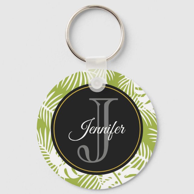 Green Palm Blätter Regenwald Muster Monogram Schlüsselanhänger (Vorderseite)