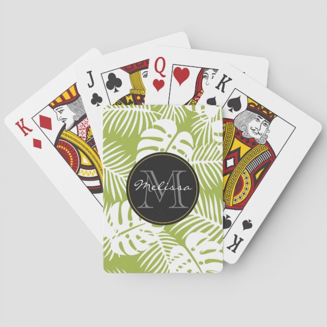 Green Palm Blätter Regenwald Muster Monogram Spielkarten (Rückseite)