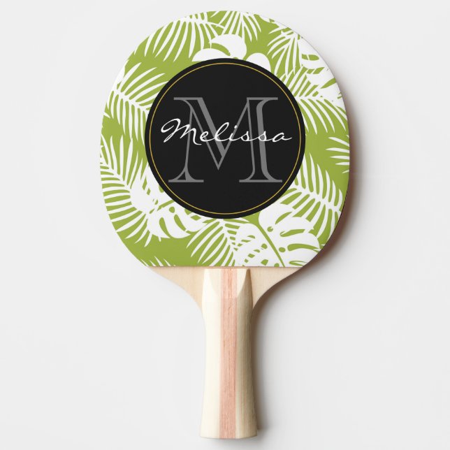 Green Palm Blätter Regenwald Muster Monogram Tischtennis Schläger (Vorderseite)