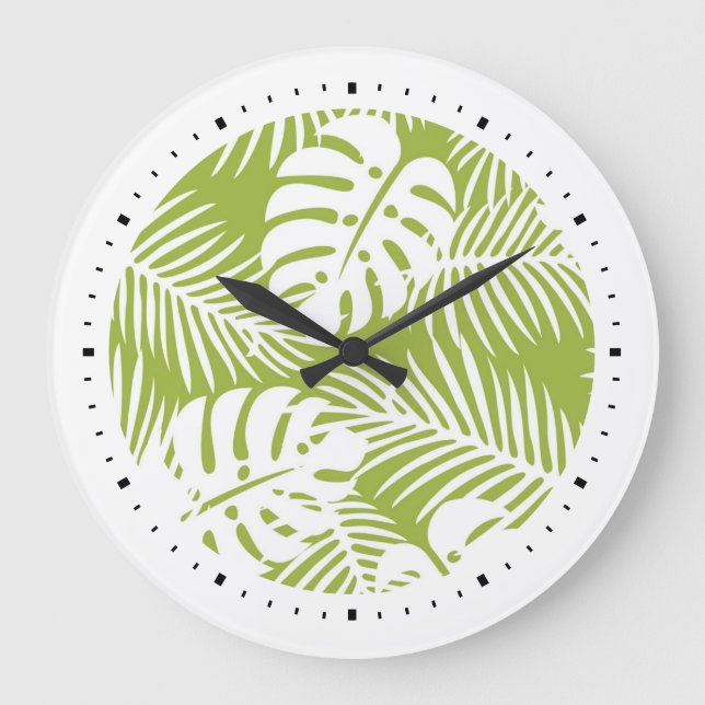 Green Palm Leaves Rainforest Pattern Große Wanduhr (Vorderseite)