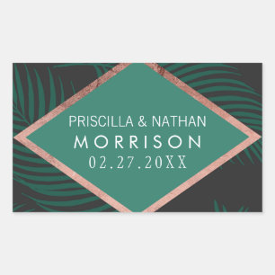Green Palm Tree Blätter Black Rose Gold Hochzeit Rechteckiger Aufkleber
