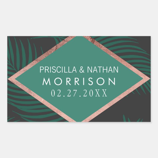 Green Palm Tree Blätter Black Rose Gold Hochzeit Rechteckiger Aufkleber (Vorderseite)
