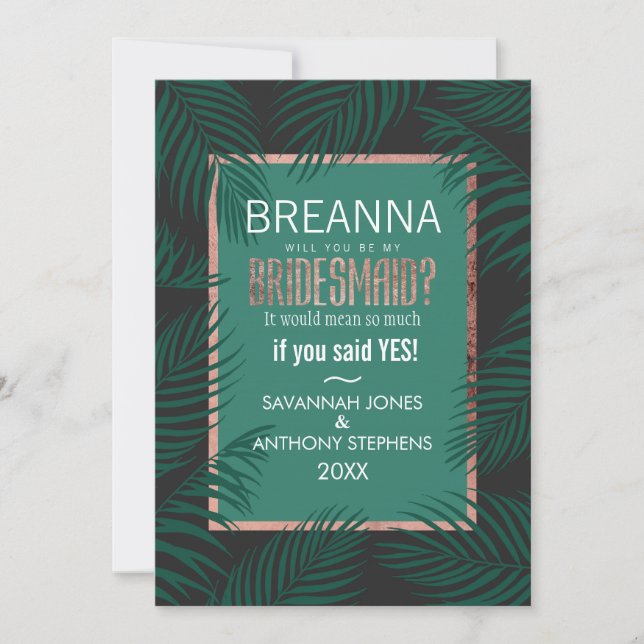 Green Palm Tree Verlasse Black Rose Gold Bridesmai Einladung (Vorderseite)