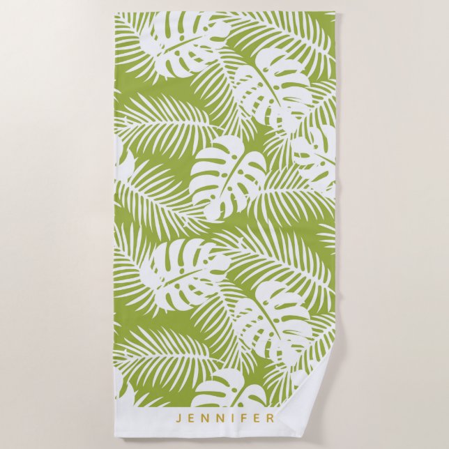 Green Palm Verlasse Regenwaldmuster Personalisiert Strandtuch (Vorderseite)