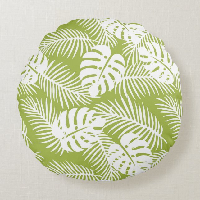 Green Palm Verlasse Regenwaldmuster Rundes Kissen (Vorderseite)