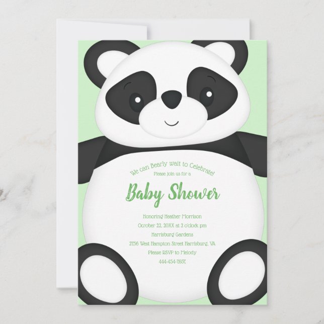 Green Panda Bear Baby Dusche Einladung (Vorderseite)