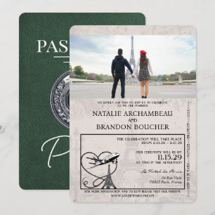 Green Paris Passport Wedding Einladung