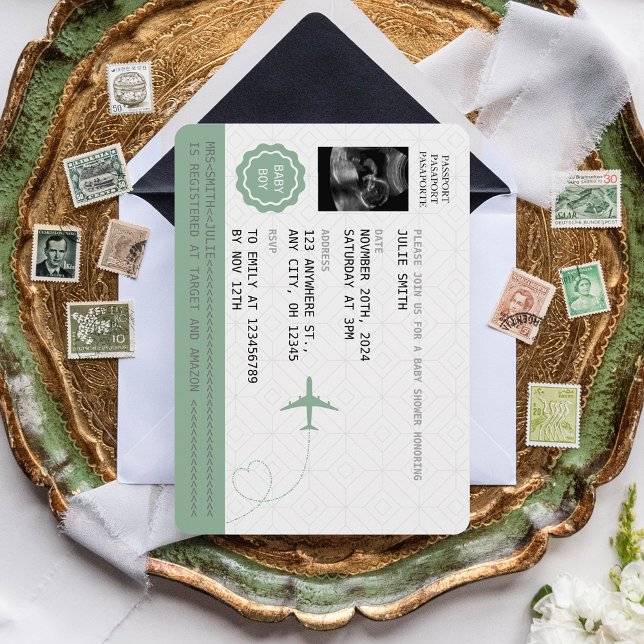 Green Passport Travel Boy Babydusche Weltkarte in Einladung (Von Creator hochgeladen)