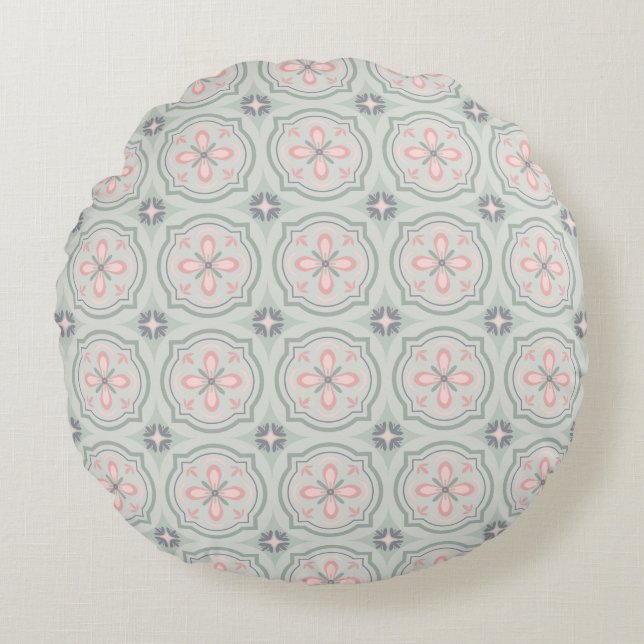 Green Pastel Floral Tiles Rundes Kissen (Vorderseite)