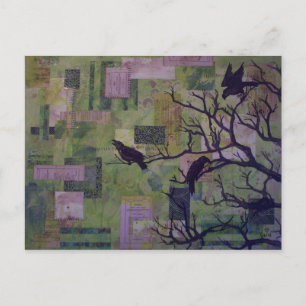 Green Patchwork Ravens Mixed Media Postcard Postkarte